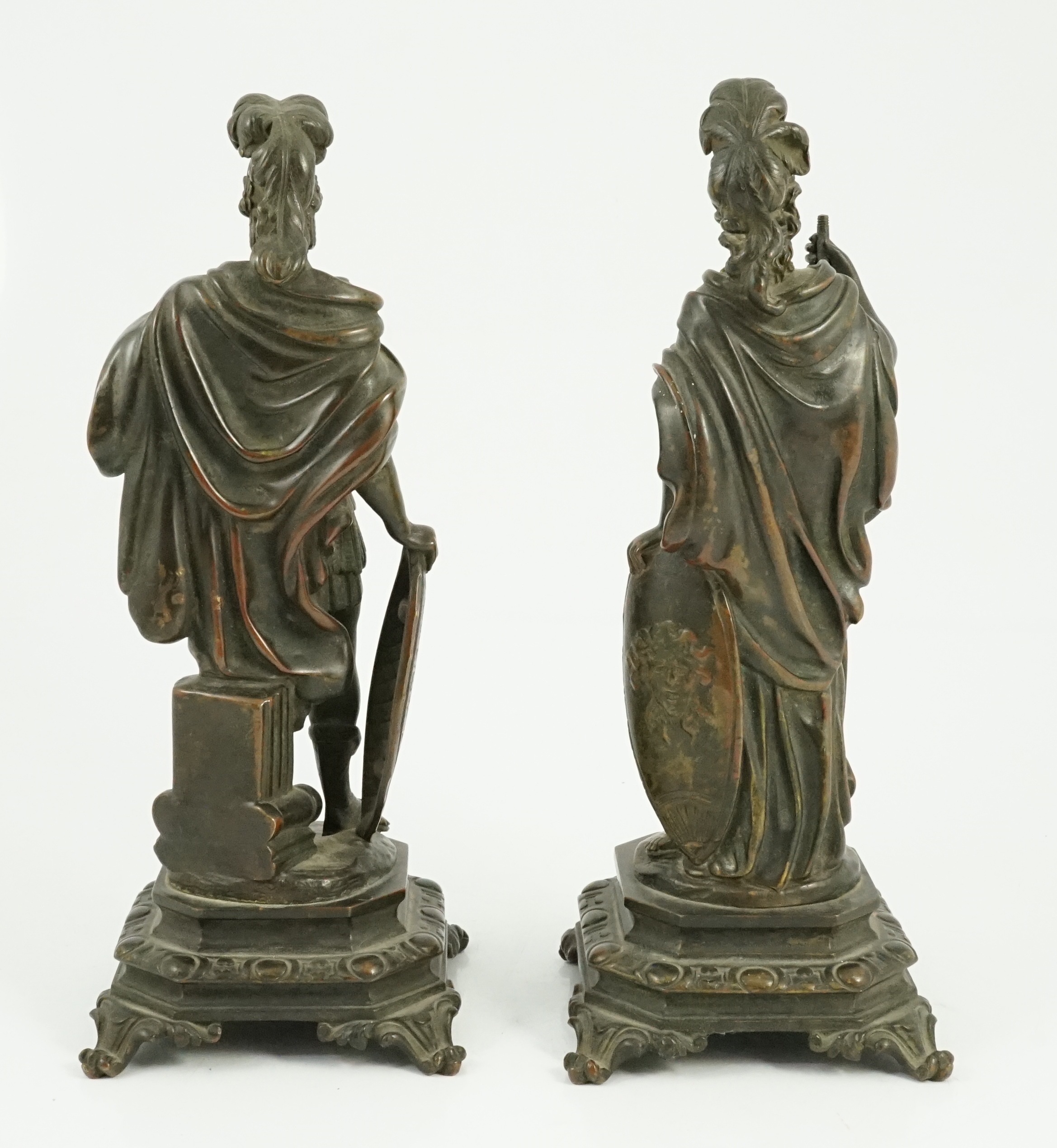 After Auguste Moreau (French, 1834-1917). A pair of 19th century bronze figures representing Pallas Athena/ Minerva and Ares/ Mars, 11cm wide, 11cm deep, 29cm high